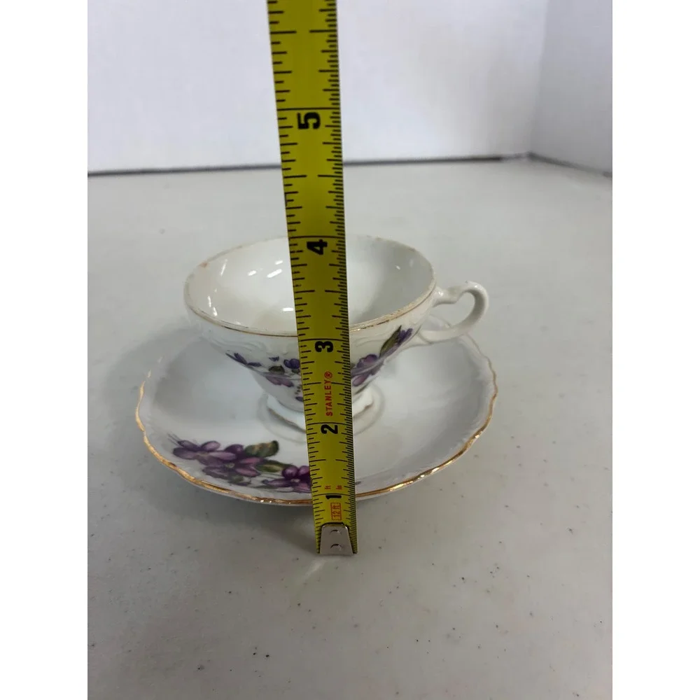 Vintage Made in Japan Purple Violet Floral Porcelain Tea Cup and Saucer Set Gold